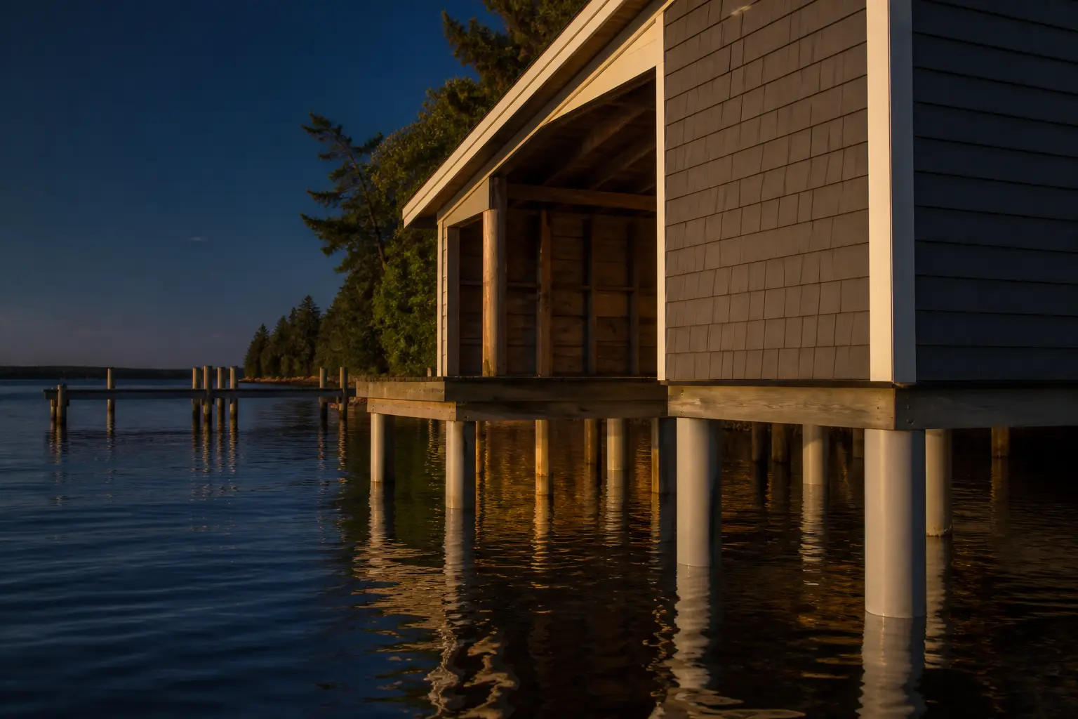 Vinyl pilings under a boathouse dock