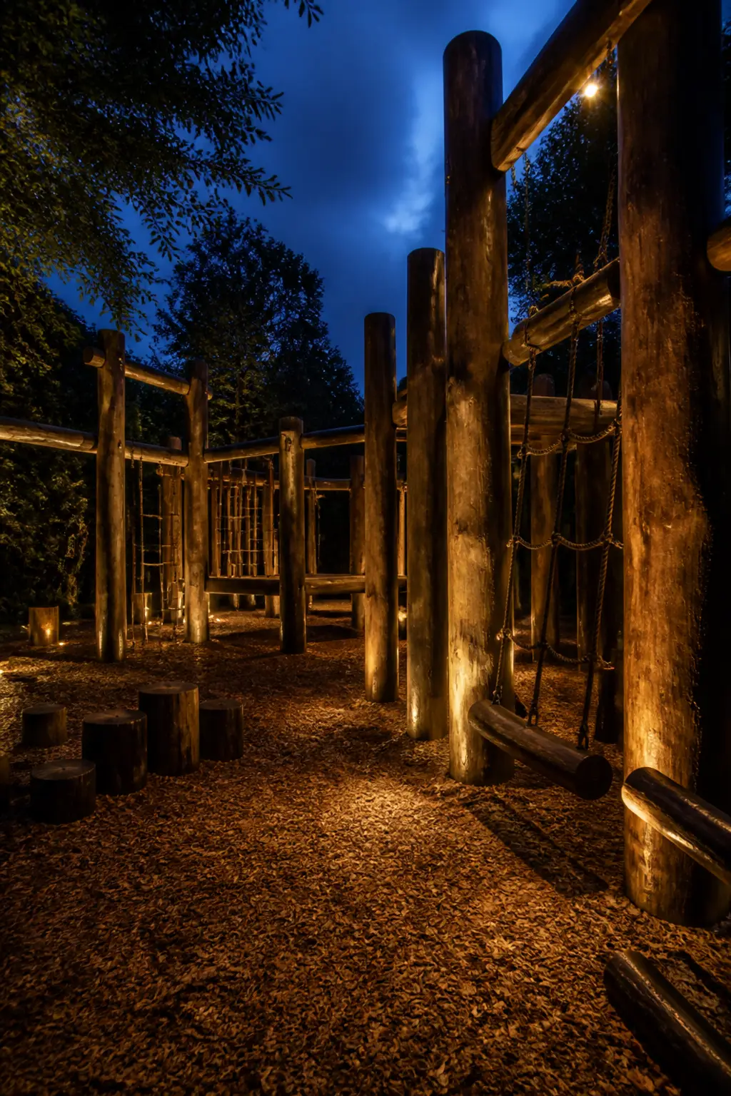 Timber play structure and wood chips at dusk
