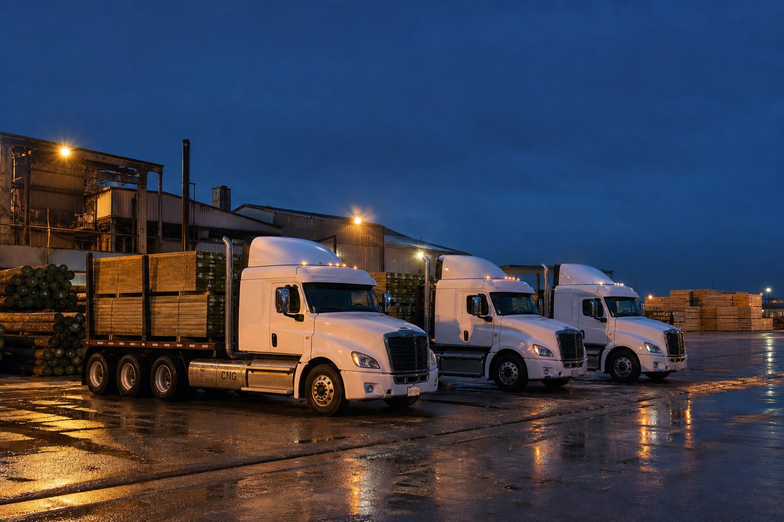 Placeholder photograph (synthetic): mill yard trucks beside stacked timber at dusk