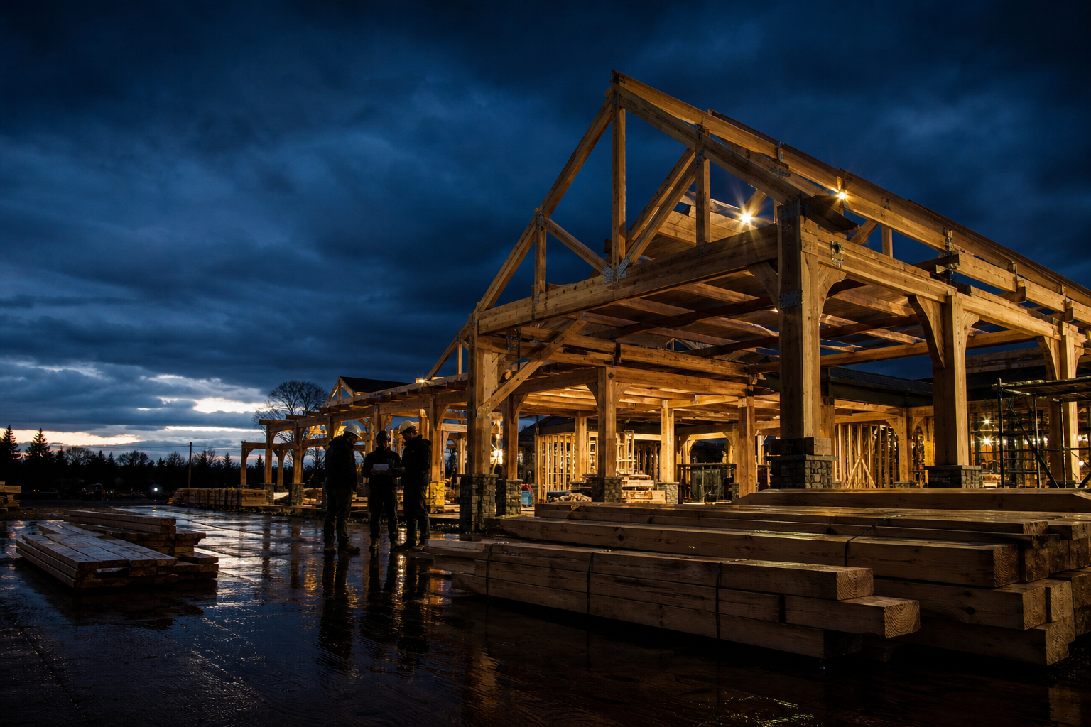 Placeholder photograph (synthetic): timber jobsite at dusk with stacked lumber