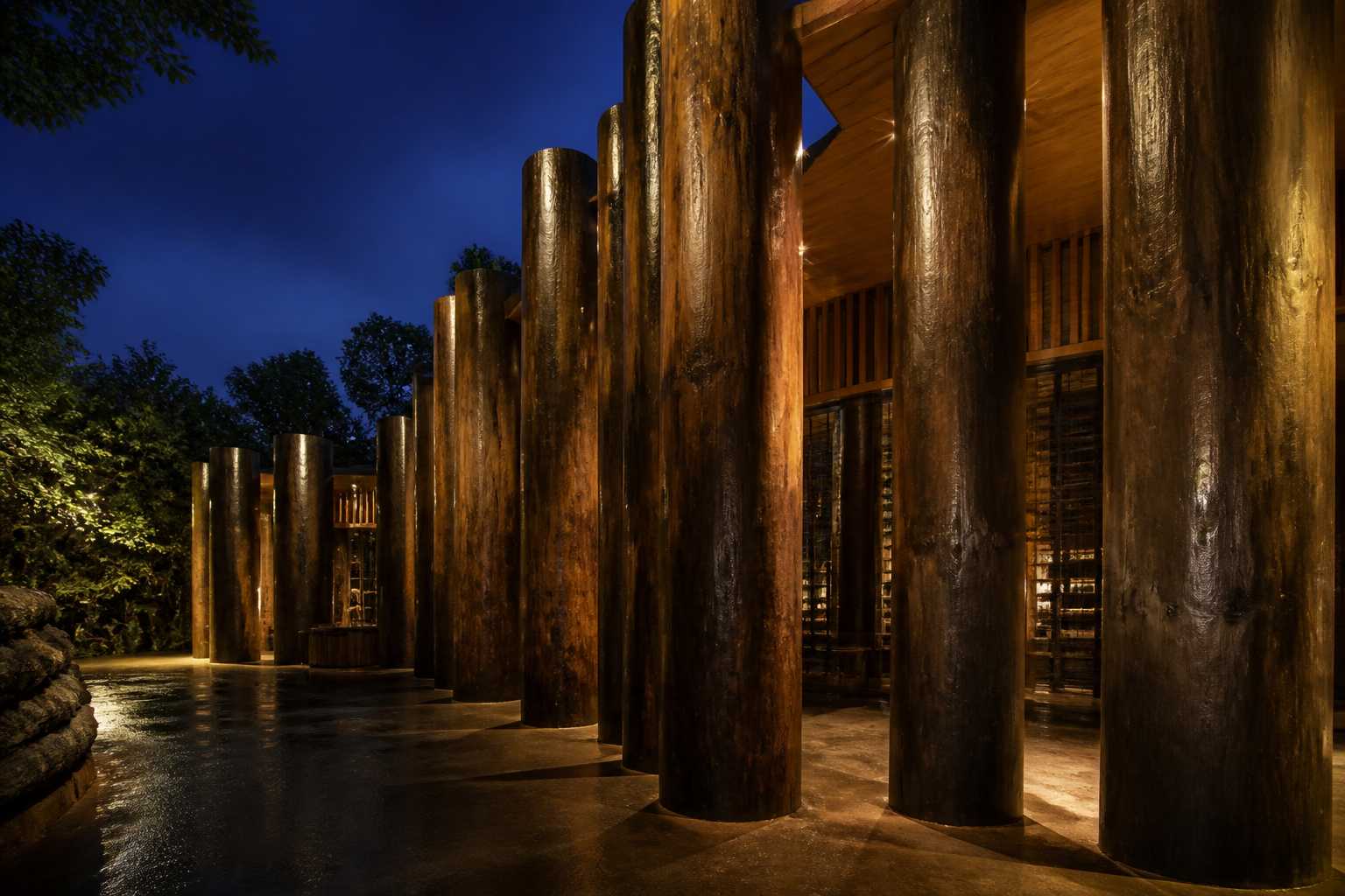 Placeholder photograph (synthetic): uniform cylindrical wood pilings at dusk