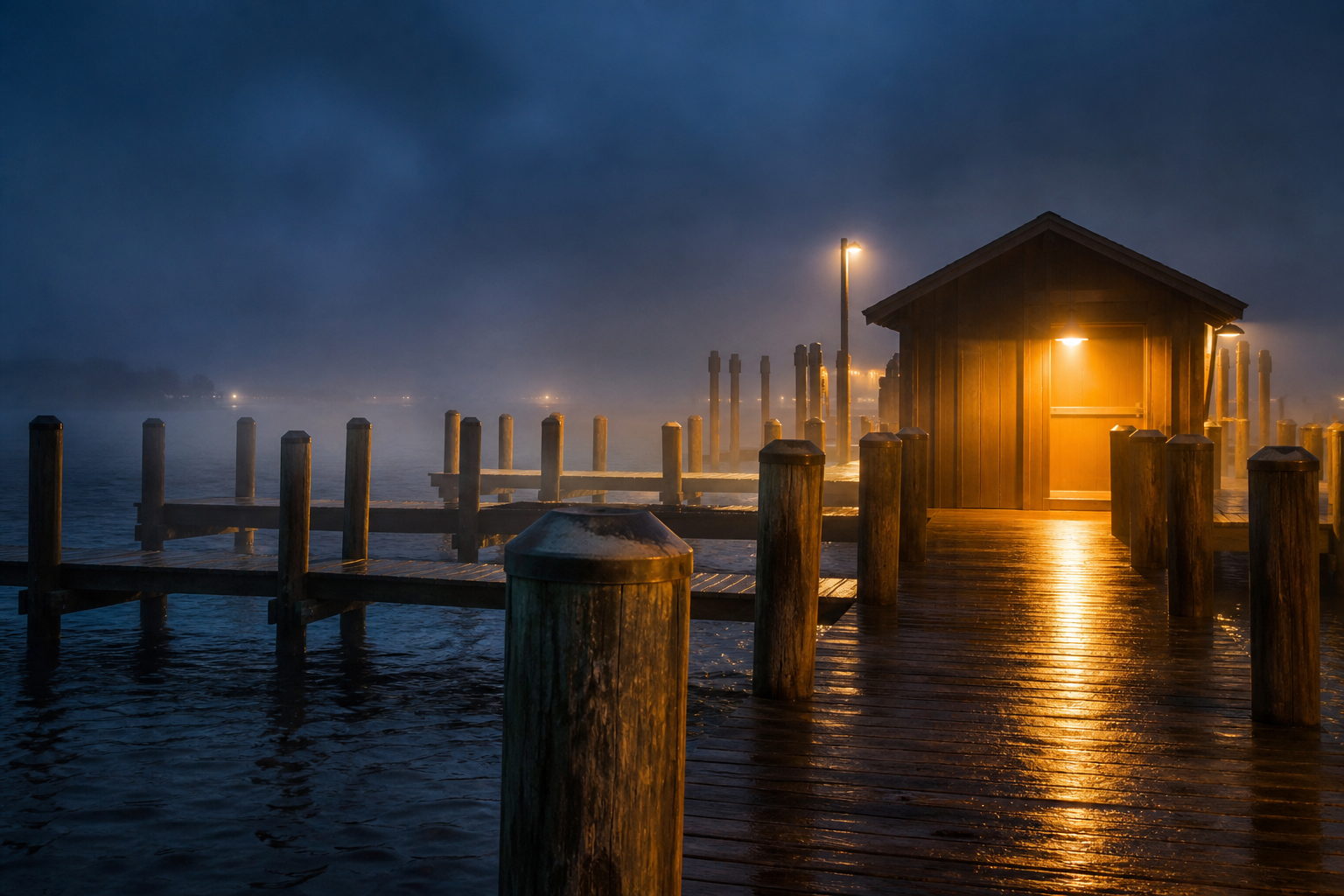 Placeholder photograph (synthetic): wooden Gulf dock and pilings at dusk