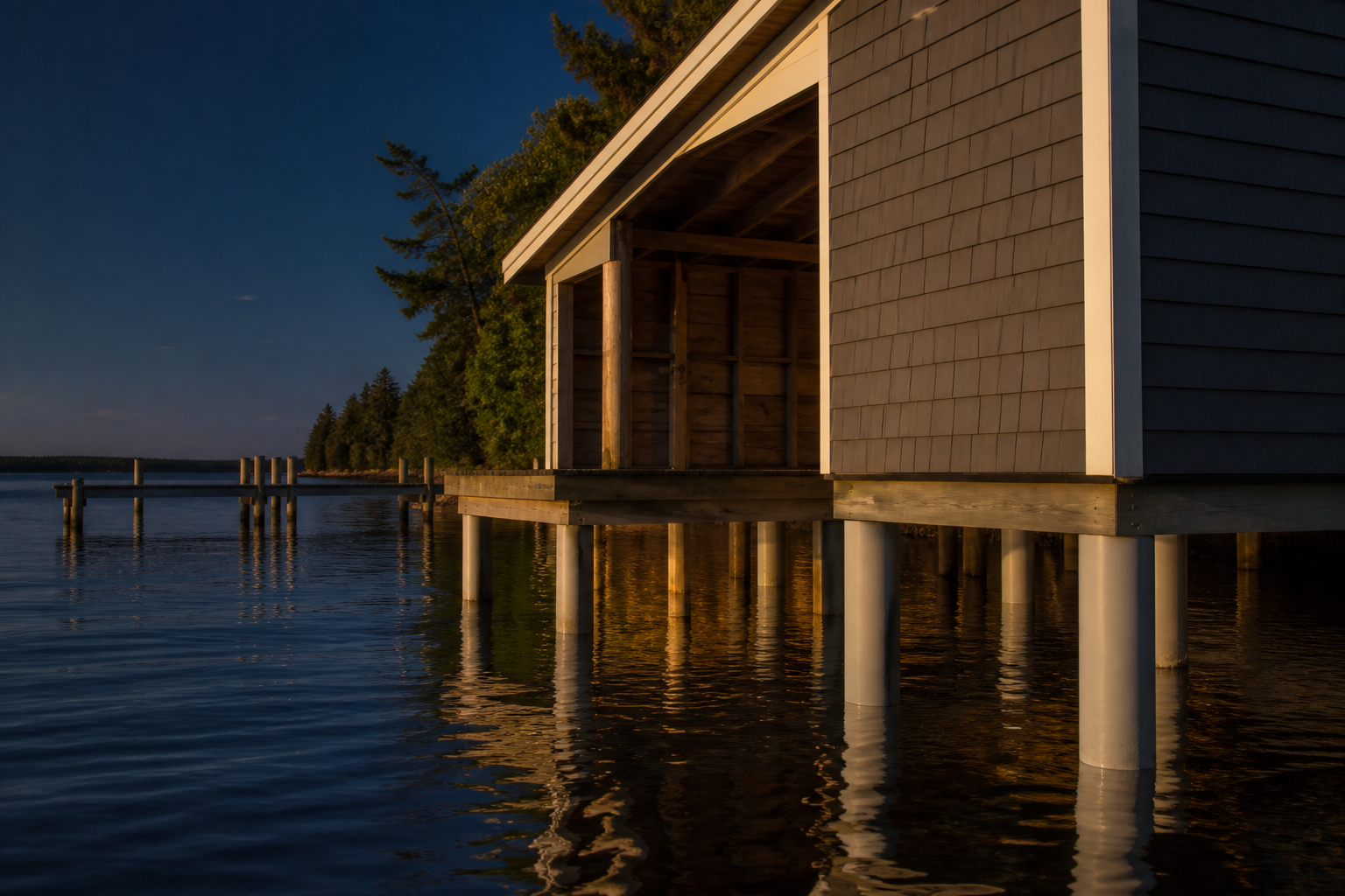 Placeholder photograph (synthetic): vinyl pilings under a boathouse dock
