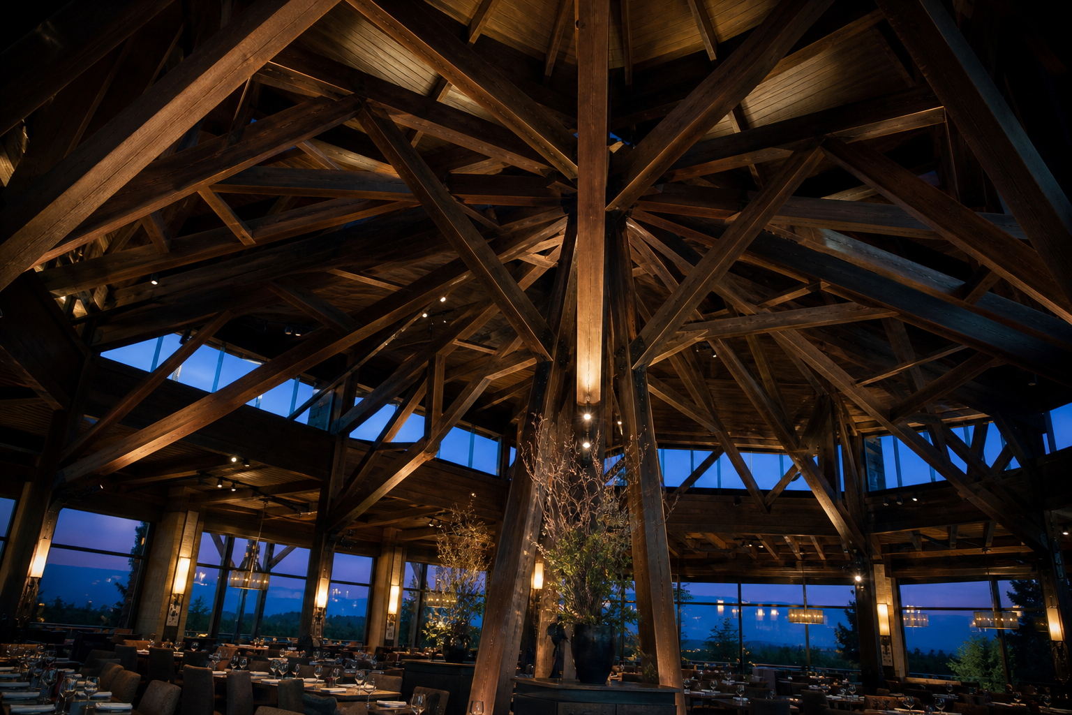 Placeholder photograph (synthetic): radial timber trusses in a pavilion