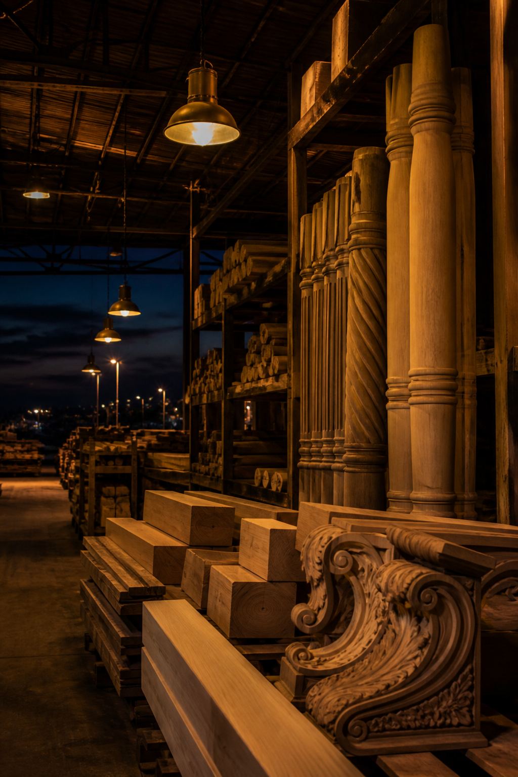 Placeholder photograph (synthetic): mill shop with custom columns and millwork