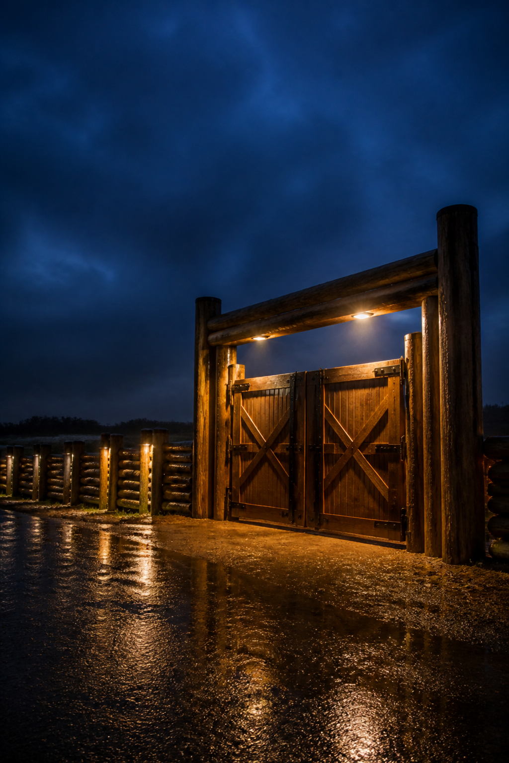 Placeholder photograph (synthetic): timber ranch gate and round-pole fence at dusk