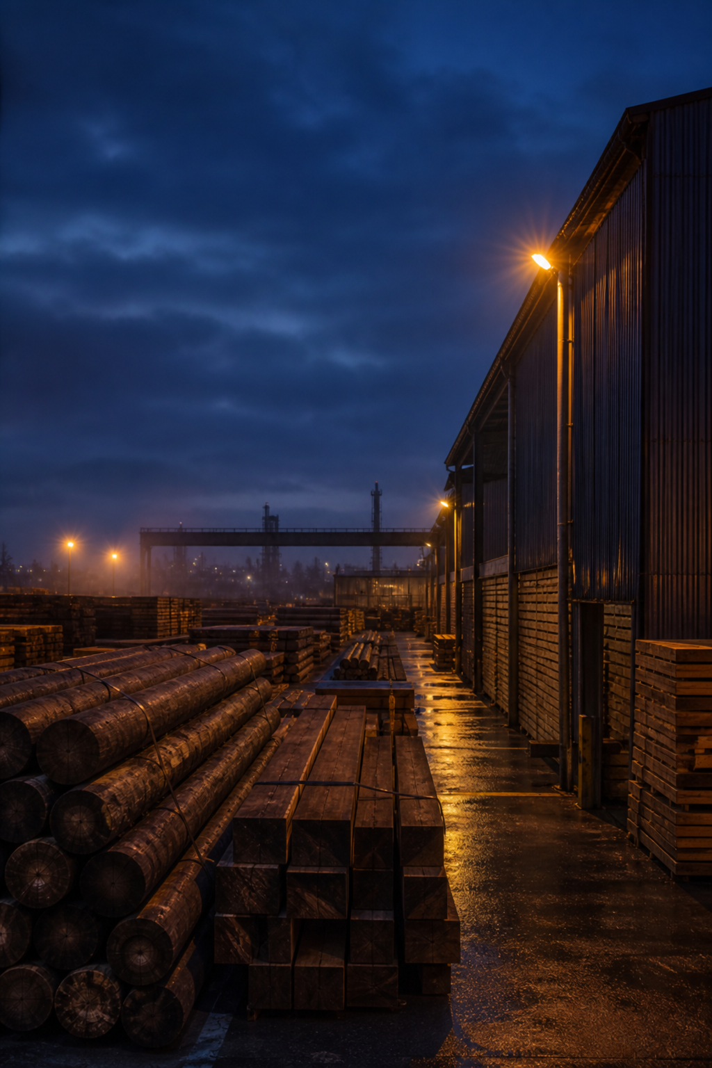 Placeholder photograph (synthetic): treated poles staged for shipping at a mill yard