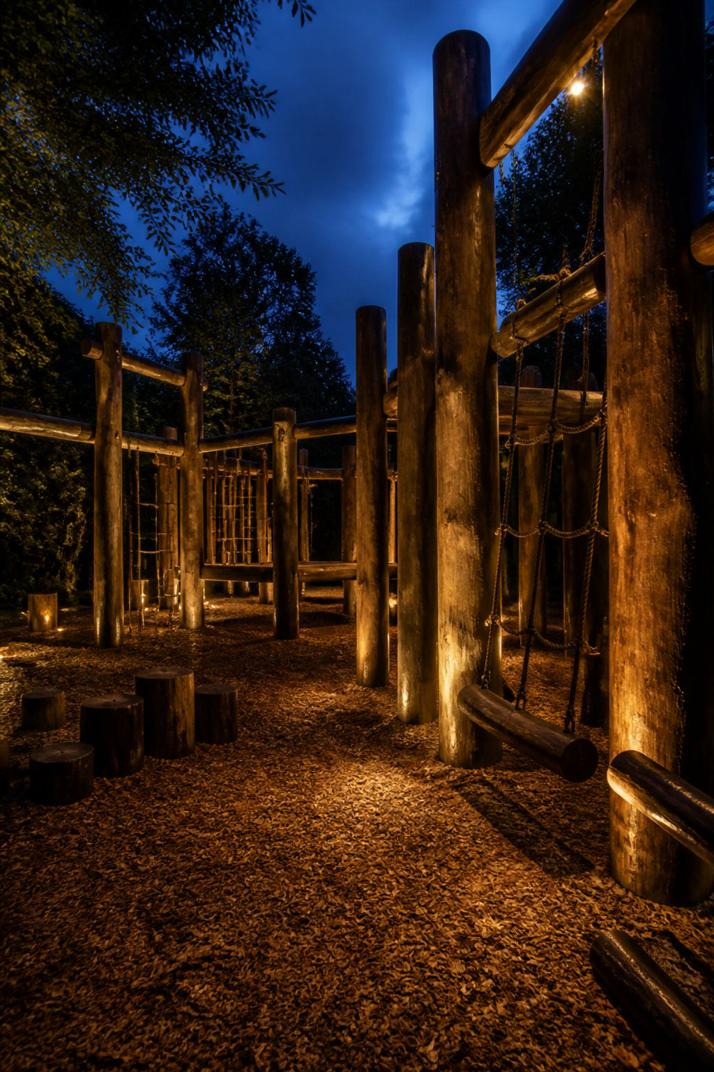 Placeholder photograph (synthetic): timber play structure and wood chips at dusk