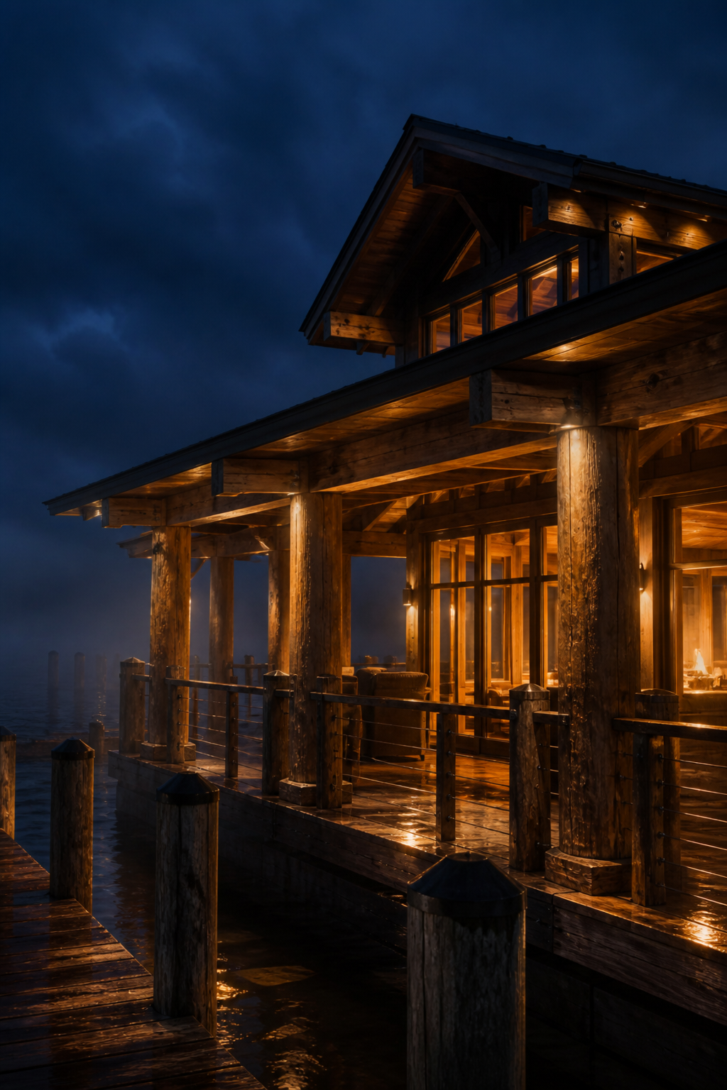 Placeholder photograph (synthetic): timber-frame residential porch at dusk