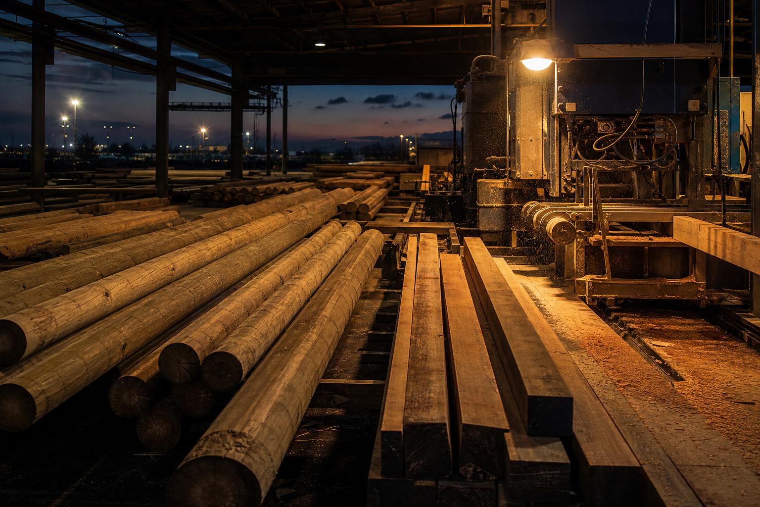 Placeholder photograph (synthetic): custom mill interior with stacked poles